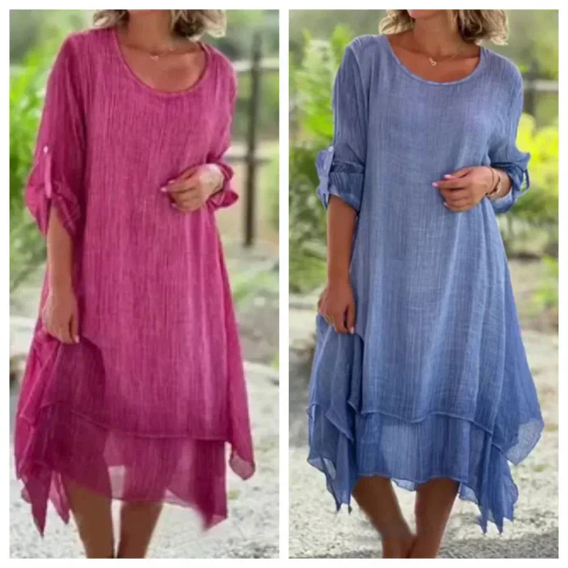 🌼Vente du dernier jour 49% DE RÉDUCTION 🌼 Robe pour femme de couleur unie élégante à col rond et à la coupe ample.