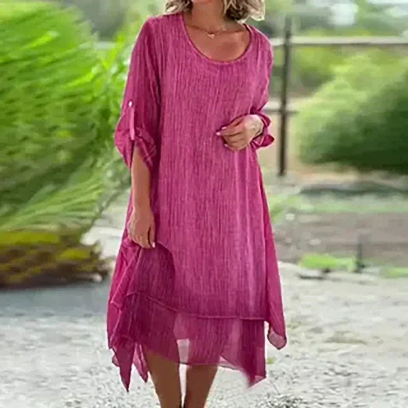 🌼Vente du dernier jour 49% DE RÉDUCTION 🌼 Robe pour femme de couleur unie élégante à col rond et à la coupe ample.
