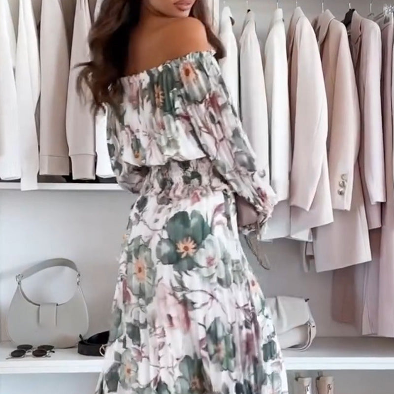 Ensemble deux pièces à motif floral : blouse épaules dénudées & jupe longue
