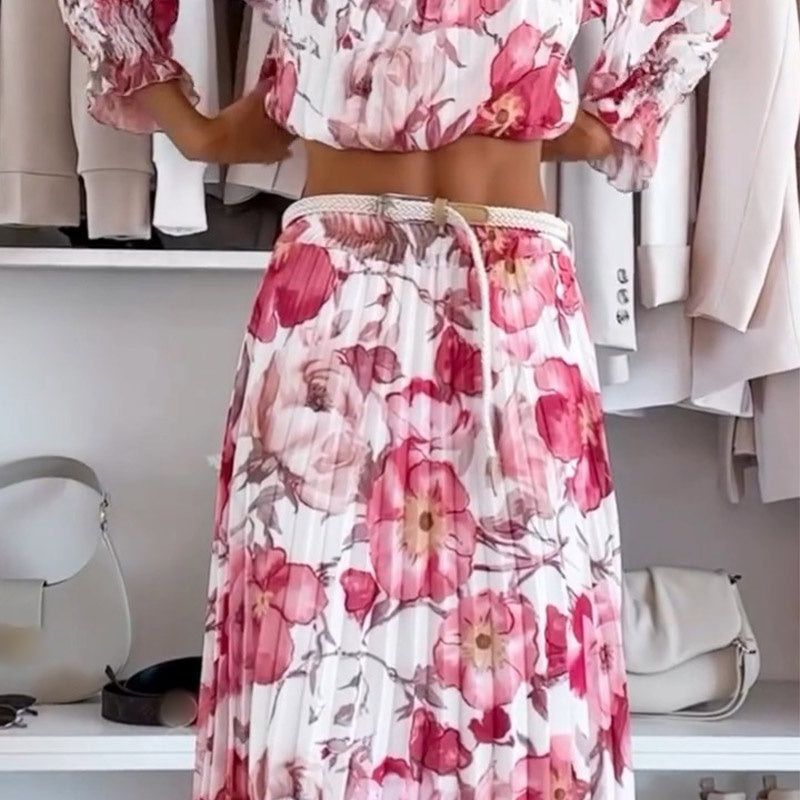 Ensemble deux pièces à motif floral : blouse épaules dénudées & jupe longue