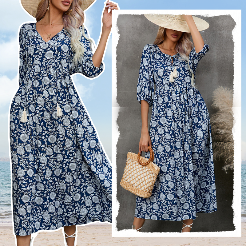 Élégante robe longue à col en V pour femmes avec imprimé floral