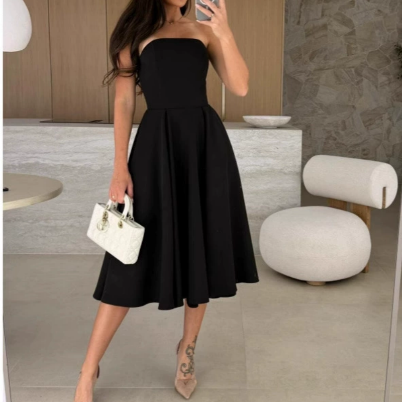 Robe midi élégante sans bretelles de couleur unie