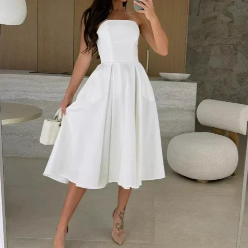 Robe midi élégante sans bretelles de couleur unie