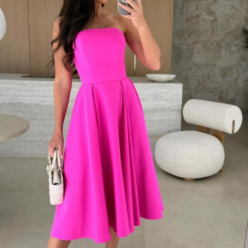Robe midi élégante sans bretelles de couleur unie
