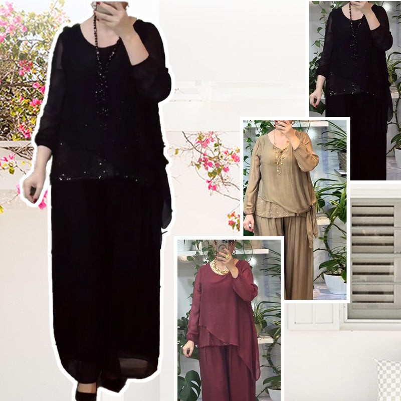 Ensemble 2 pièces chemisier à paillettes et pantalon large pour femmes