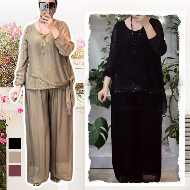 Ensemble 2 pièces chemisier à paillettes et pantalon large pour femmes