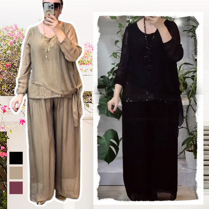 Ensemble 2 pièces chemisier à paillettes et pantalon large pour femmes