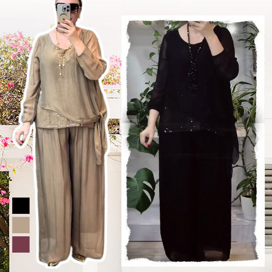 Ensemble 2 pièces chemisier à paillettes et pantalon large pour femmes
