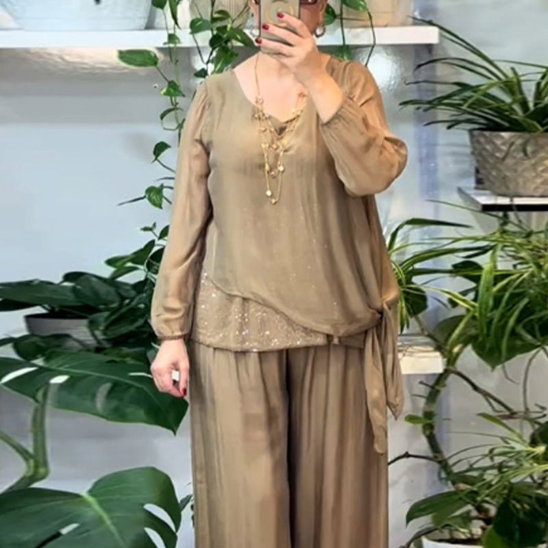 Ensemble 2 pièces chemisier à paillettes et pantalon large pour femmes