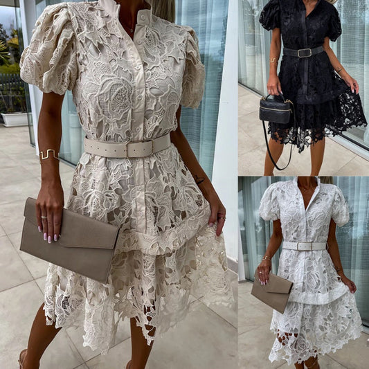 Robe rétro en dentelle évidée à manches courtes pour femme