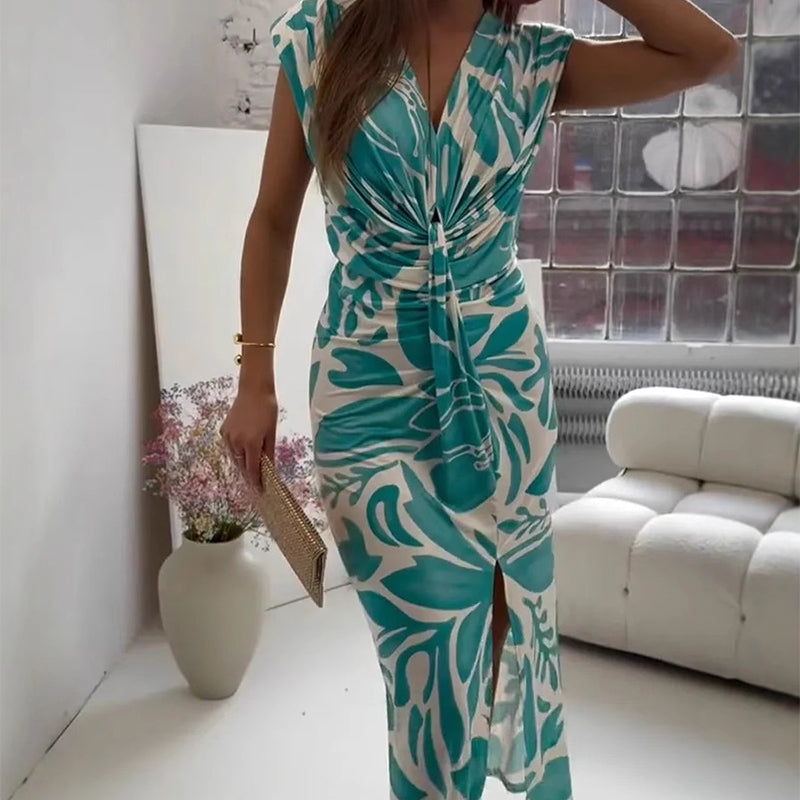 Robe fendue imprimée sans manches