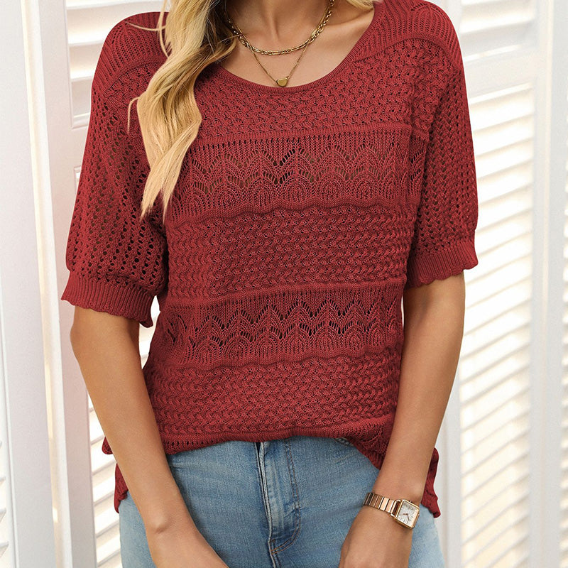 🏆Jusqu'à 50% de réduction !🌷Pull femme manches courtes col rond aspect ajouré et crochet