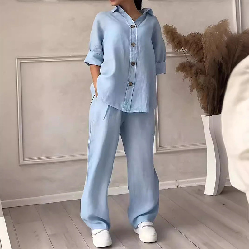 Chemise à manches longues et revers et pantalon à jambes larges Ensemble deux pièces en coton et lin