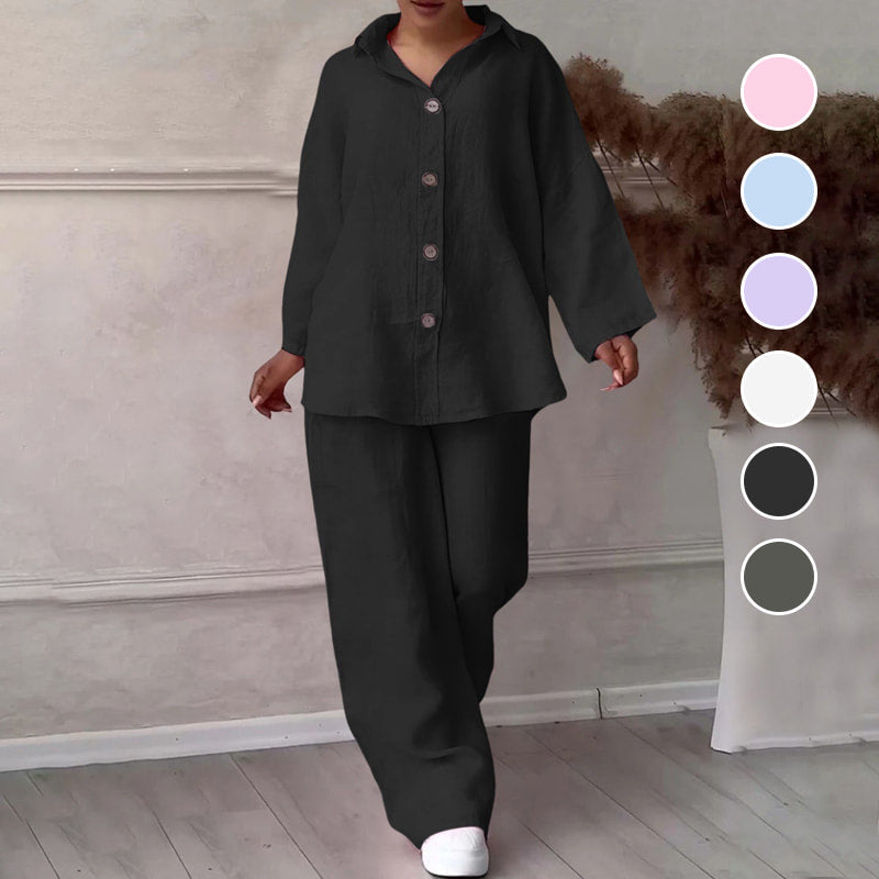 Chemise à manches longues et revers et pantalon à jambes larges Ensemble deux pièces en coton et lin