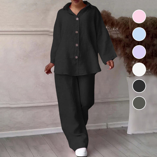 Chemise à manches longues et revers et pantalon à jambes larges Ensemble deux pièces en coton et lin