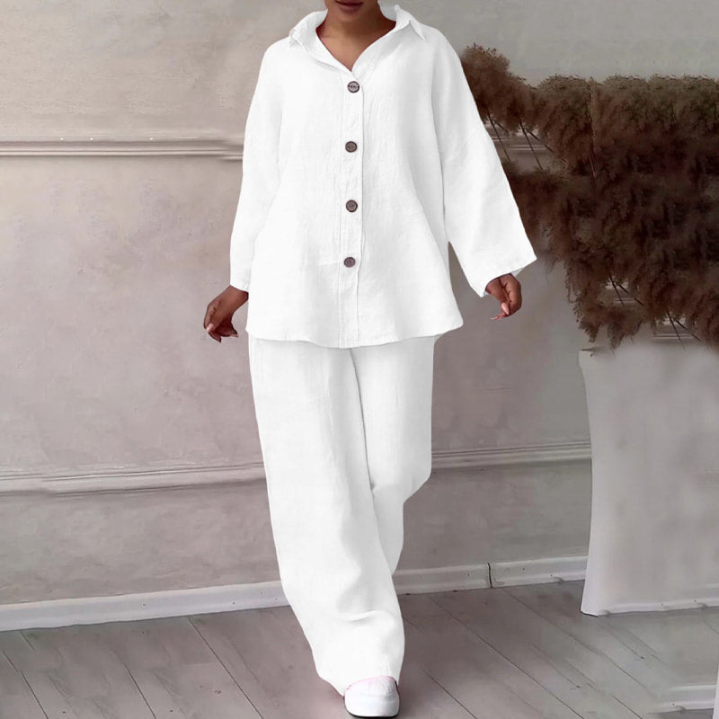 Chemise à manches longues et revers et pantalon à jambes larges Ensemble deux pièces en coton et lin