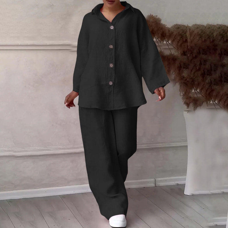 Chemise à manches longues et revers et pantalon à jambes larges Ensemble deux pièces en coton et lin