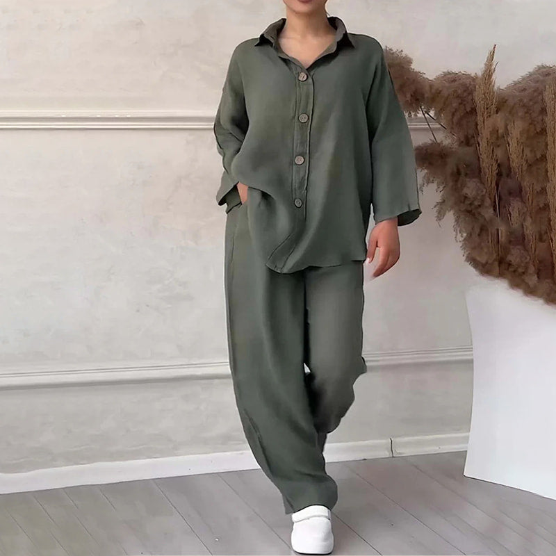 Chemise à manches longues et revers et pantalon à jambes larges Ensemble deux pièces en coton et lin