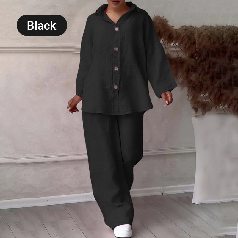 Chemise à manches longues et revers et pantalon à jambes larges Ensemble deux pièces en coton et lin