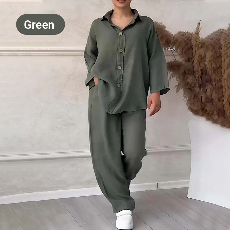 Chemise à manches longues et revers et pantalon à jambes larges Ensemble deux pièces en coton et lin