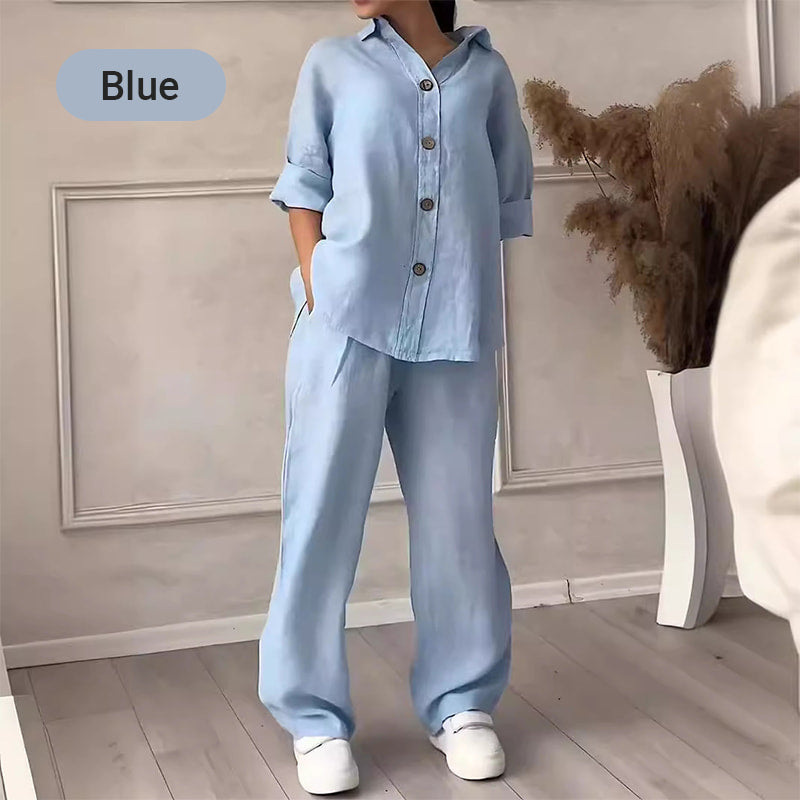 Chemise à manches longues et revers et pantalon à jambes larges Ensemble deux pièces en coton et lin