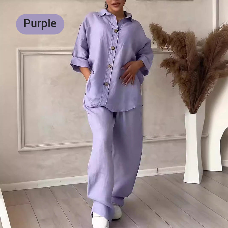 Chemise à manches longues et revers et pantalon à jambes larges Ensemble deux pièces en coton et lin