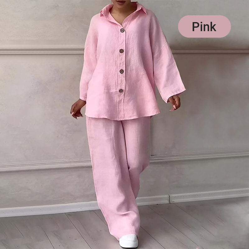 Chemise à manches longues et revers et pantalon à jambes larges Ensemble deux pièces en coton et lin