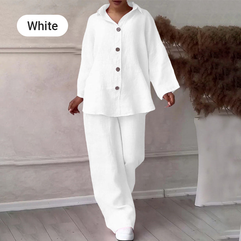Chemise à manches longues et revers et pantalon à jambes larges Ensemble deux pièces en coton et lin