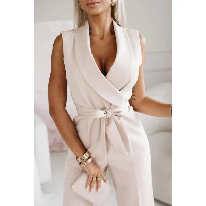 [M-2XL]☀️Women's Sans manches col en V solide Jumpsuit🕊️