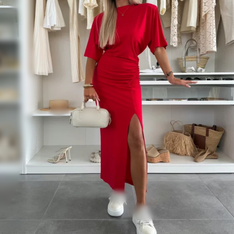 Robe midi à manches courtes en coton avec fente