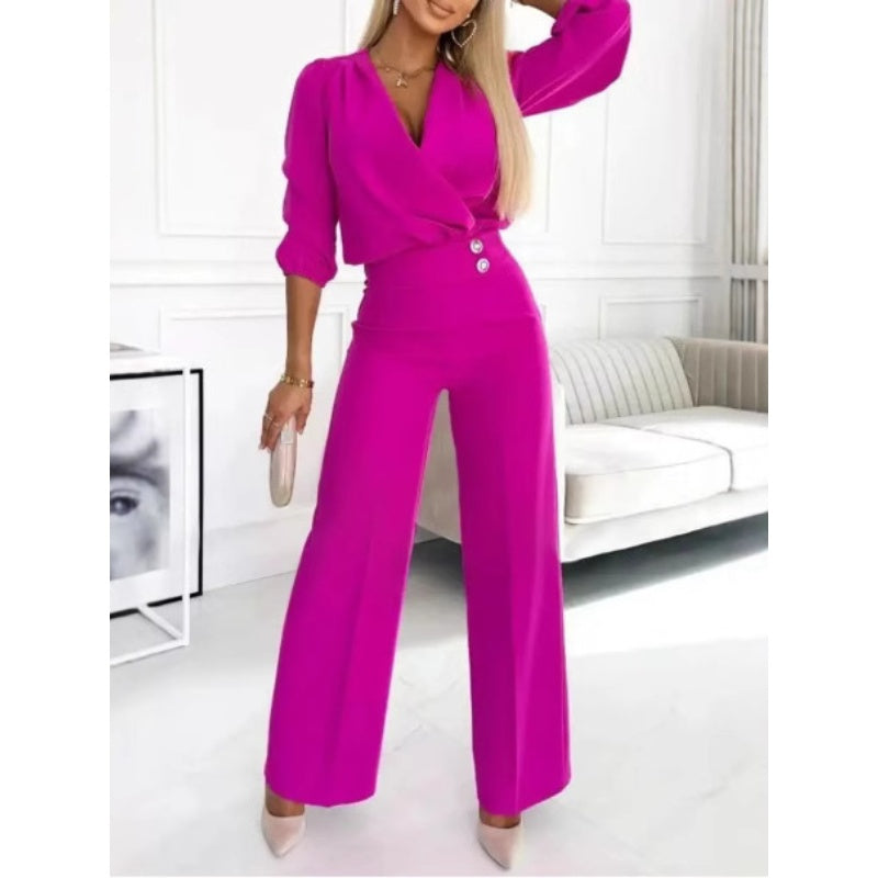 Ensemble top à col en V et pantalon pour femme