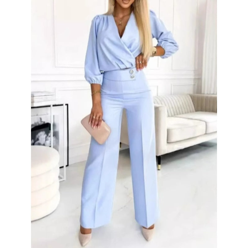 Ensemble top à col en V et pantalon pour femme