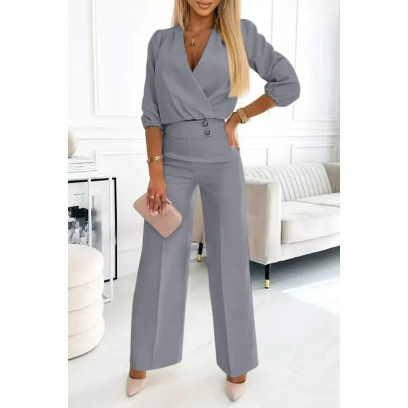 Ensemble top à col en V et pantalon pour femme