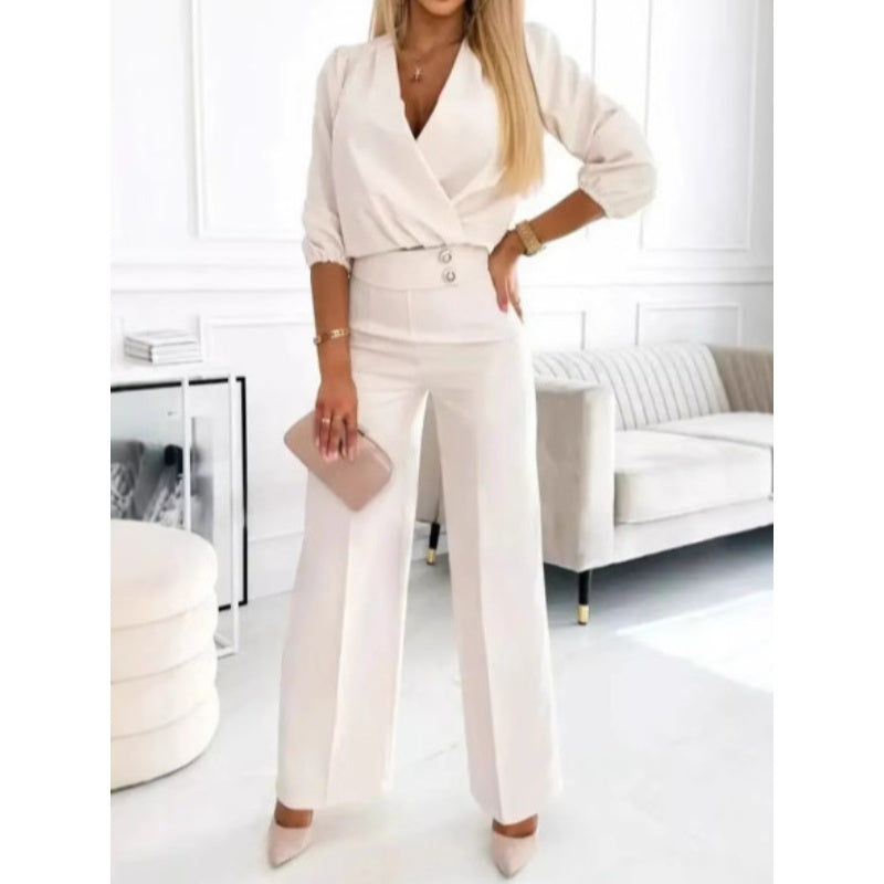 Ensemble top à col en V et pantalon pour femme