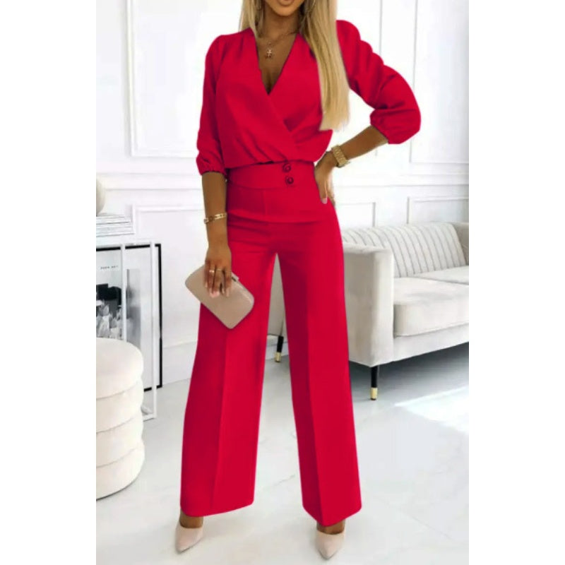 Ensemble top à col en V et pantalon pour femme
