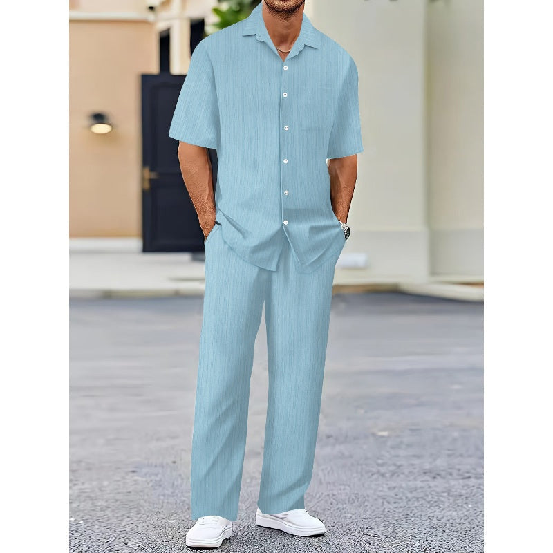 Costume deux pièces en lin pour hommes, avec haut à manches courtes et pantalon à cordon de serrage