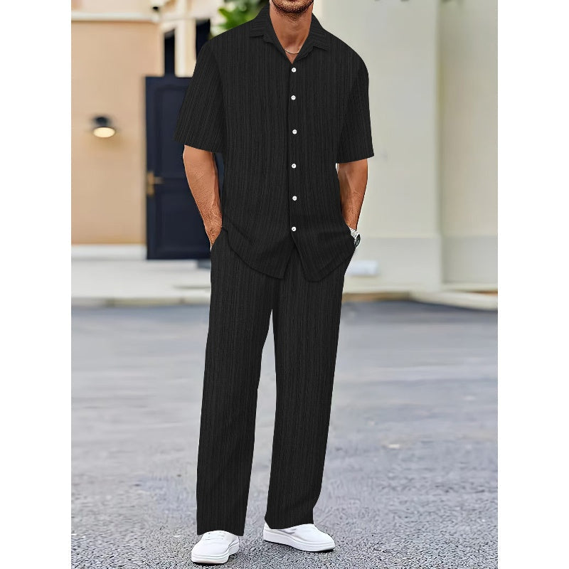 Costume deux pièces en lin pour hommes, avec haut à manches courtes et pantalon à cordon de serrage