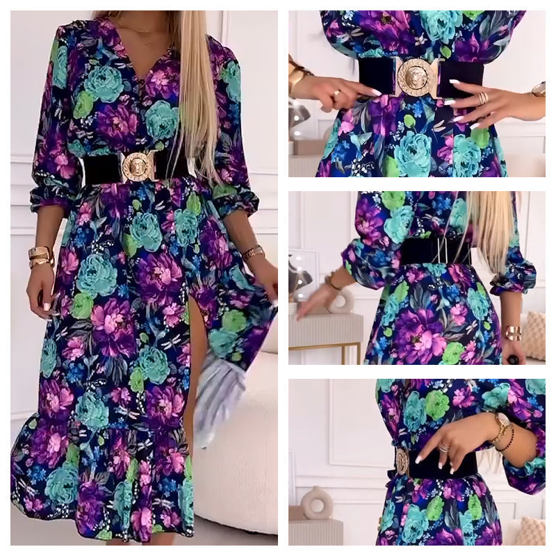 💐Robe élégante à col en V à imprimé floral pour femmes, fendue sur le côté