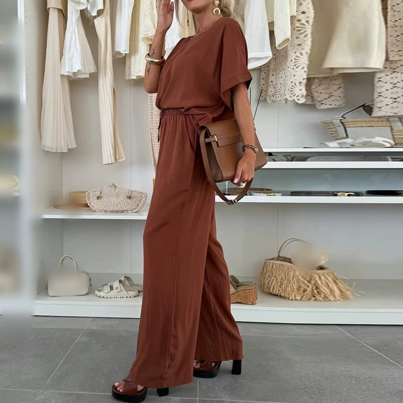 Ensemble 2 pièces - Top à manches courtes et pantalon à cordon de serrage - couleur unie