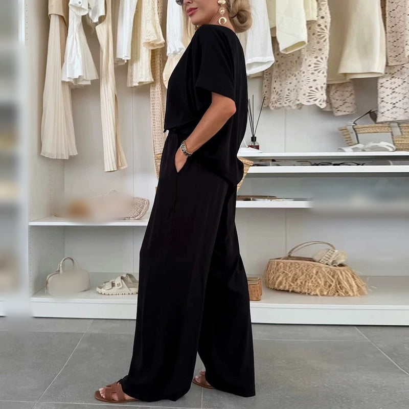 Ensemble 2 pièces - Top à manches courtes et pantalon à cordon de serrage - couleur unie