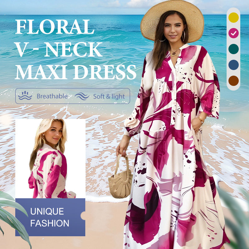 Robe longue à col en V et à motif floral pour femmes
