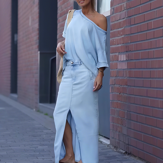 Top diagonal pour femmes avec jupe longue en denim fendue