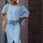Top diagonal pour femmes avec jupe longue en denim fendue
