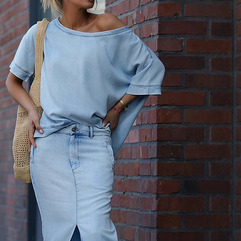 Top diagonal pour femmes avec jupe longue en denim fendue