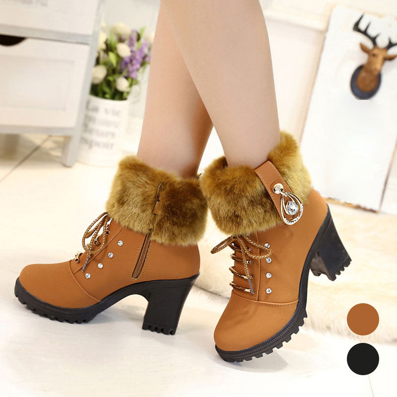 🍁Offre spéciale automne/hiver : 49 % de réduction 🍂 Bottines pour femmes avec fermeture éclair, talon épais et fausse fourrure