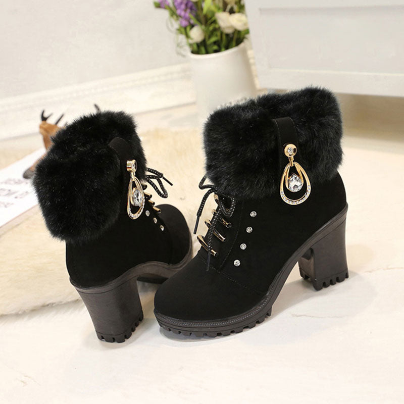 🍁Offre spéciale automne/hiver : 49 % de réduction 🍂 Bottines pour femmes avec fermeture éclair, talon épais et fausse fourrure