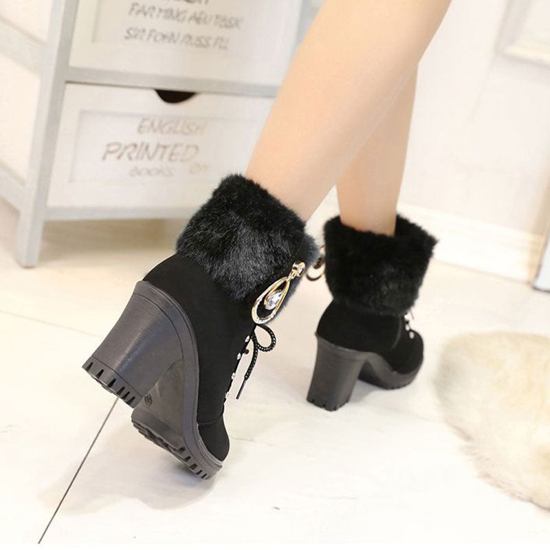 🍁Offre spéciale automne/hiver : 49 % de réduction 🍂 Bottines pour femmes avec fermeture éclair, talon épais et fausse fourrure