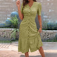 ✨ Élégante robe midi en dentelle – Encolure en V, manches bouffantes et bordure à volants ✨