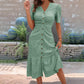 ✨ Élégante robe midi en dentelle – Encolure en V, manches bouffantes et bordure à volants ✨