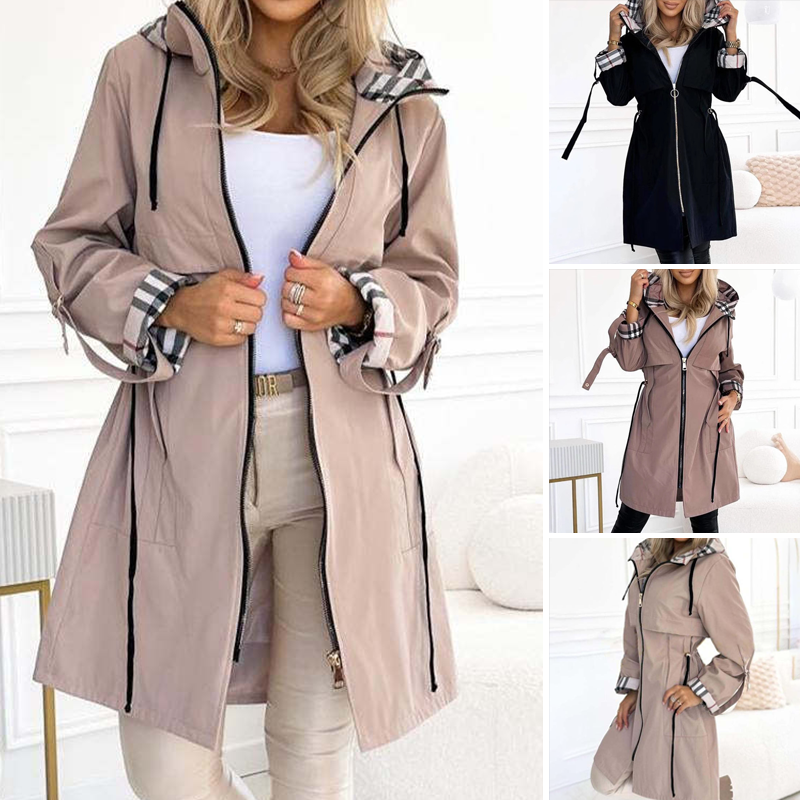🔥Sweat à capuche long avec cordon de serrage à la taille et fermeture éclair